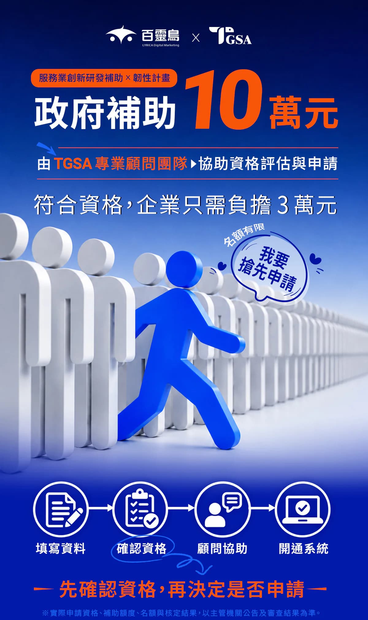 政府補助十萬元，由 TGSA 顧問協助資格評估與申請