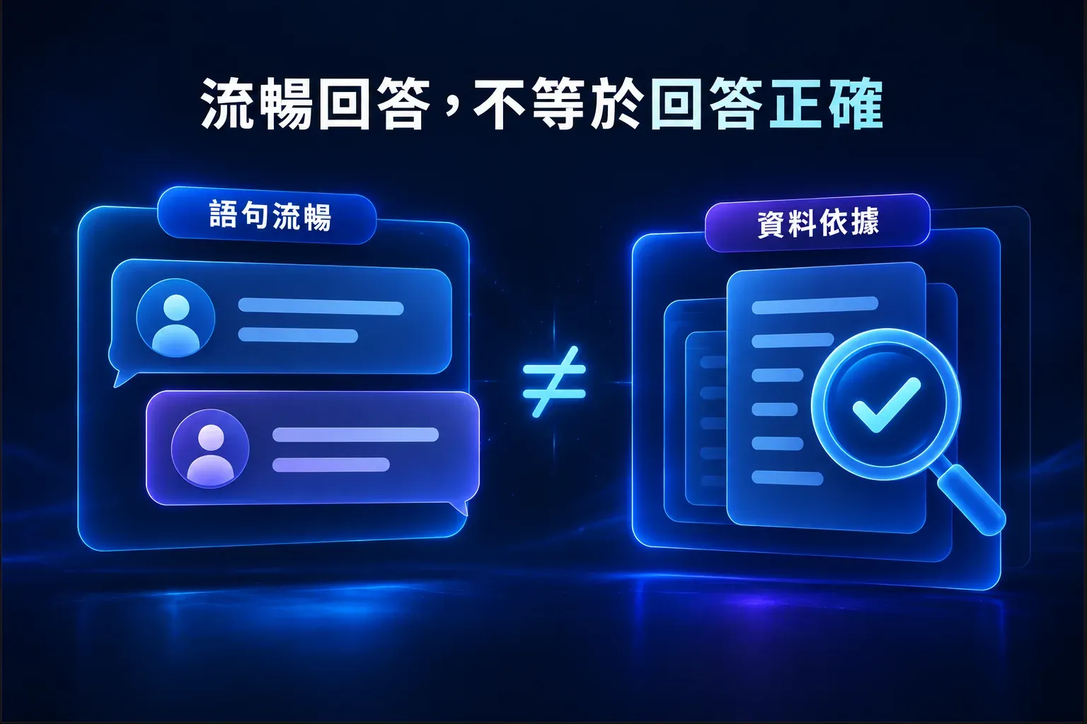 AI 客服流暢回答與資料依據是不同判斷面向的示意圖