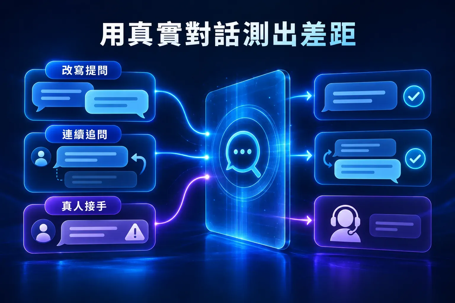 透過改寫提問、連續追問與真人接手情境檢視 AI 客服的示意圖