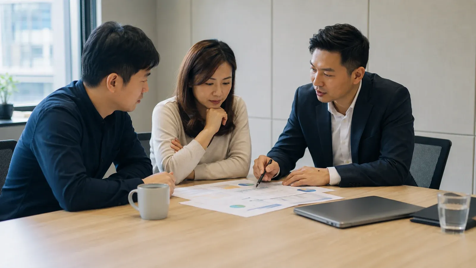 顧問與企業決策者討論案件策略與後續服務的寫實情境示意圖