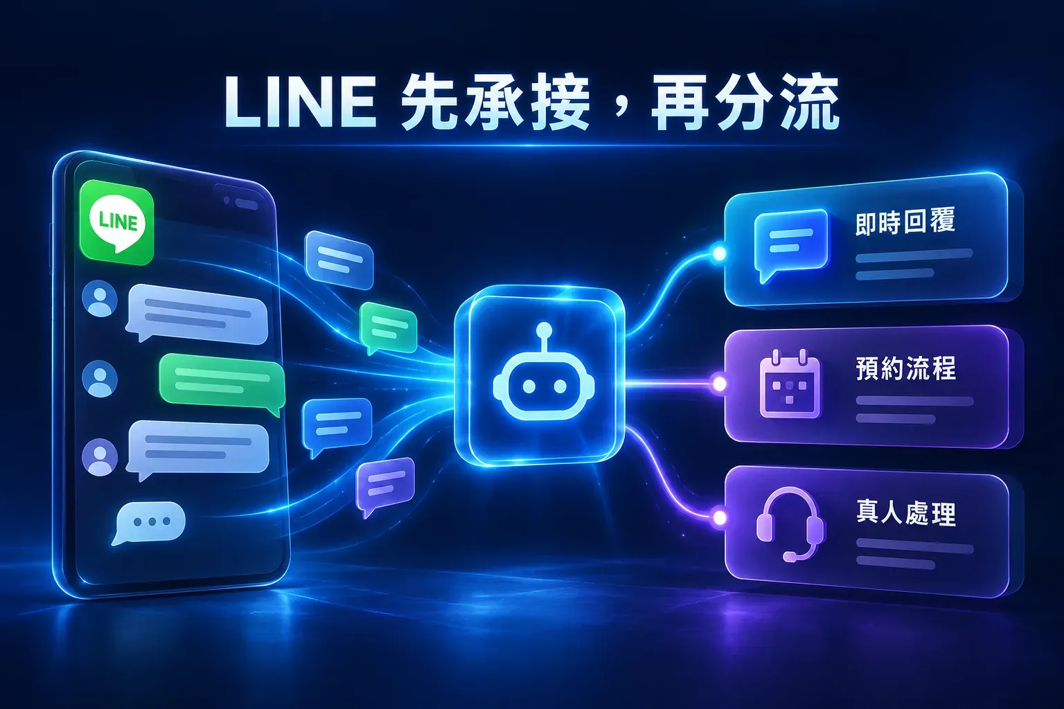 LINE 訊息經百靈鳥 AI 承接後分流到即時回覆、預約流程與真人處理的功能示意圖